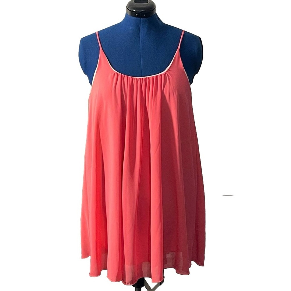 HUG Women's Sleeveless Sheer‎ Chiffon Tank Top Pleated Flowy Tunic Coral Medium
